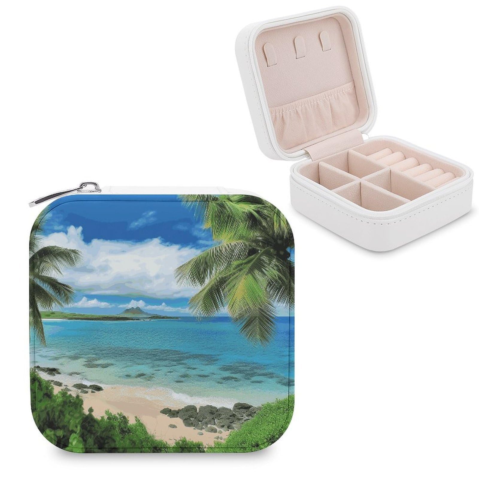 MUSM Tropical Palm Tree Hawaii Beach Travel Jewelry Case Personalized PU Leather Jewelry Boxes for Women Small Portable Jewelry Organizer Box Cute Trinket Box for Necklaces Rings Earrings & Gifts