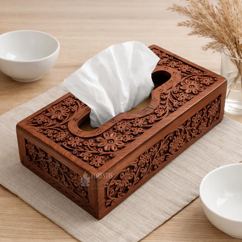 Image of Wooden Tissue Box| Acacia Wood Napkin Box| Tissue Holder Organizer for Table, Home, Office, Car| Rectangular Facial Paper Cloth Storage Case| Dispenser (9X5 Inches, Acara)