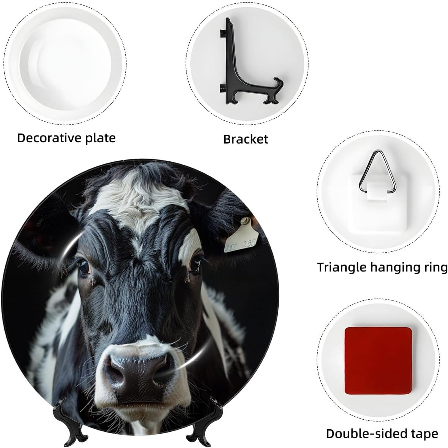 Bone China Decorative Plate 10in（25cm） Ceramic Decorative Plates with Display Stand Animal Funny Cow Head Dinner Plates Art Crafts Round Ceramic Ornaments Art Porcelain Plate for Home Wall Decor
