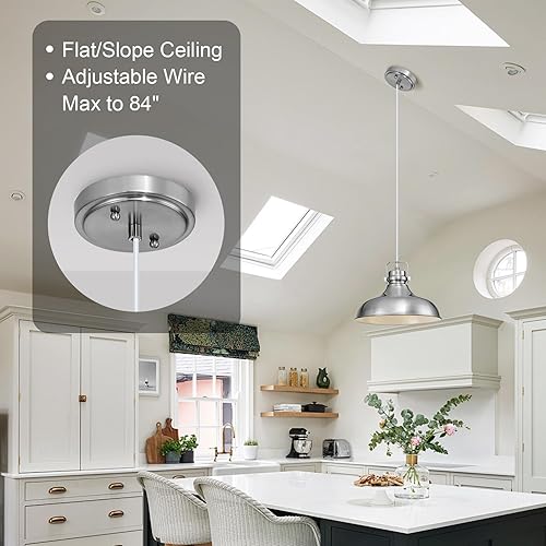 Miniatura 5 de Luces colgantes de níquel cepillado, iluminación colgante mate para isla de cocina, altura ajustable, estilo vintage, cúpula colgante para granero,