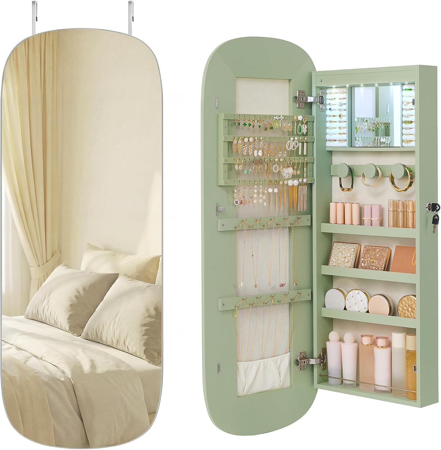 SONGMICS HOME Full Length Mirror with Storage, Wall or Over The Door Jewelry Organizer Cabinet, Built-in LED, Lockable Armoire, Black
