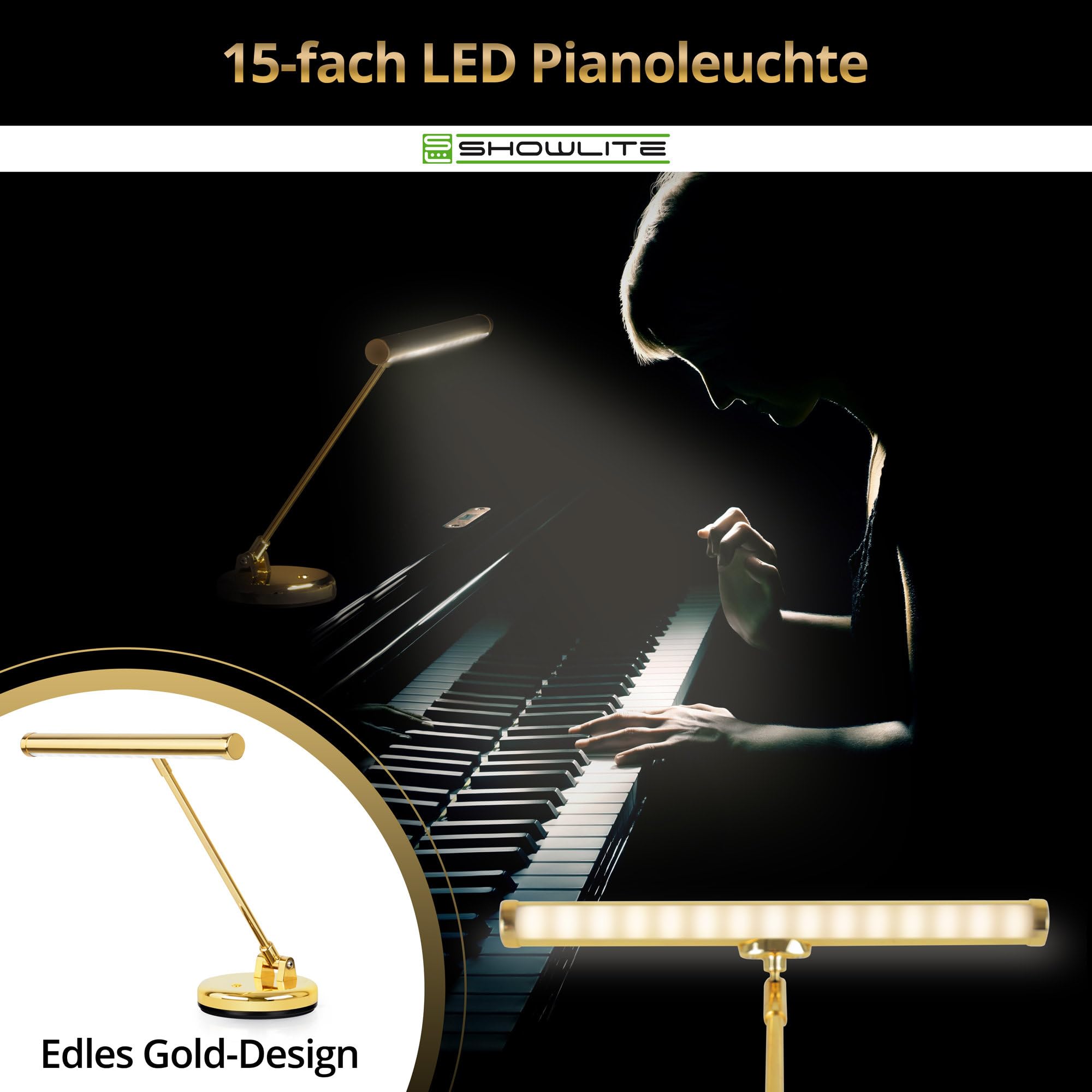 Showlite PL-1-GD-KW LED Lampada per Pianoforte - Lampada per pianoforte con 15 LED - luce bianco freddo a 2 livelli - altezza 36 cm - alimentazione via USB, rete o batteria - oro lucido