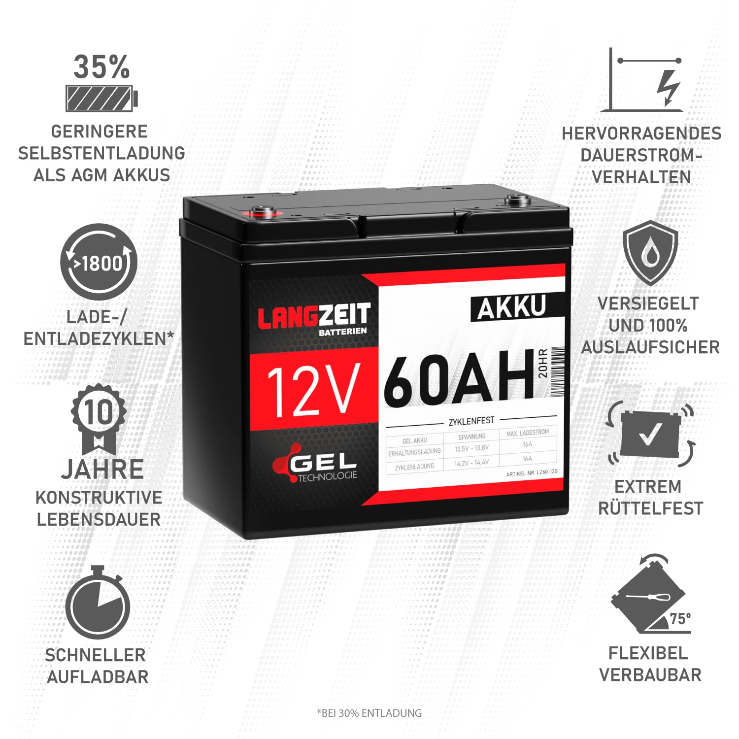 LANGZEIT Akku 12V 60Ah Gel Batterie Blei-Akku Solar USV ersetzt 50Ah 55Ah