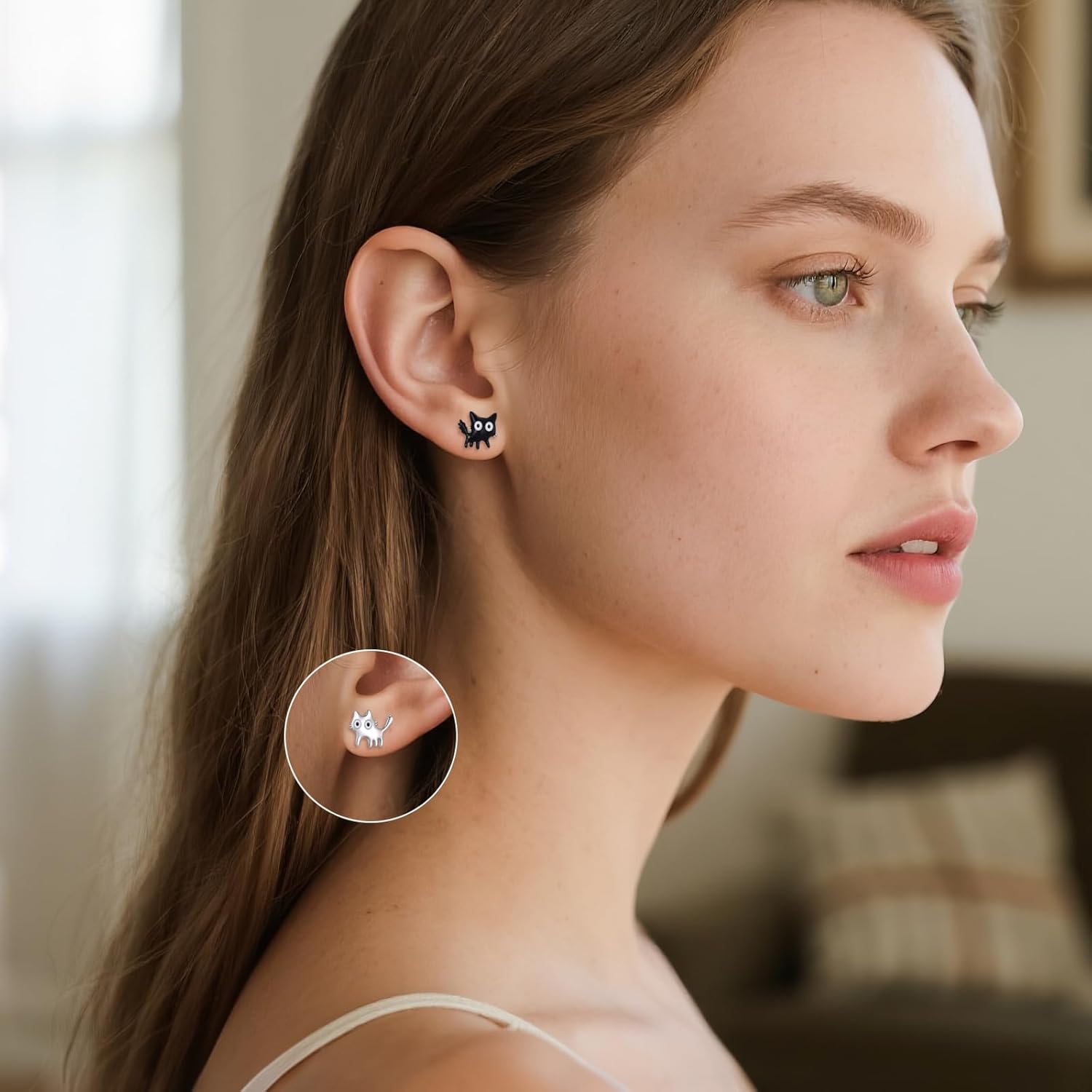 Cat Stud Earrings Sterling Silver Black White Cat Studs Earrings Cute Animal Earrings Jewelry Gifts for Women - Image 2