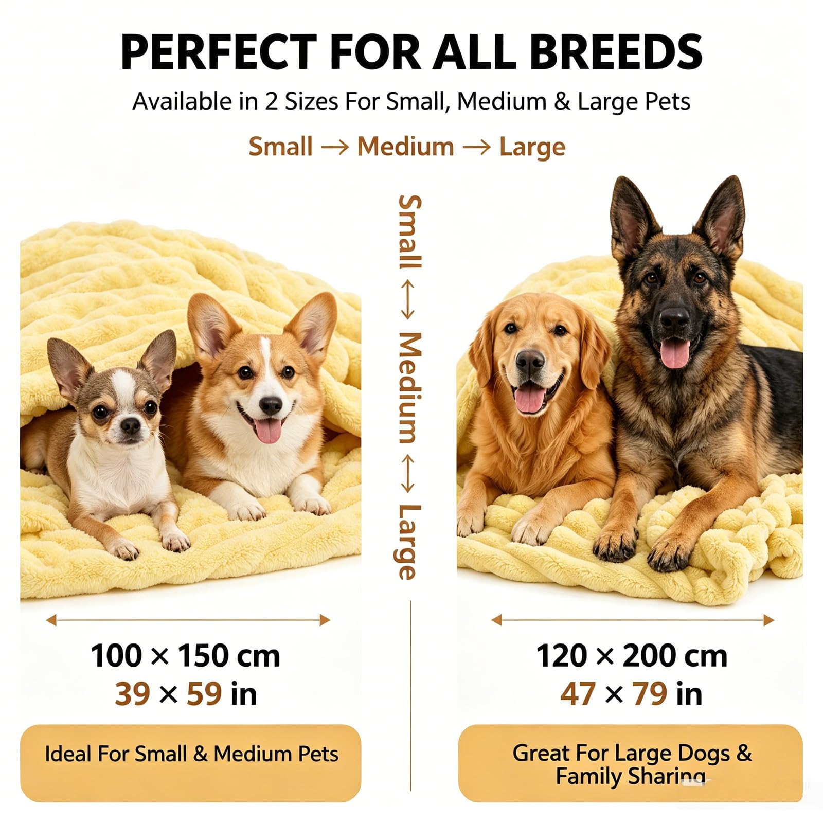 Manta calmante para perro, manta amarilla para perro, suave piel de conejo sintética diseñada para mascotas, suave y cómoda para sofá en interiores, perrera (amarillo, 120 x 200 cm)