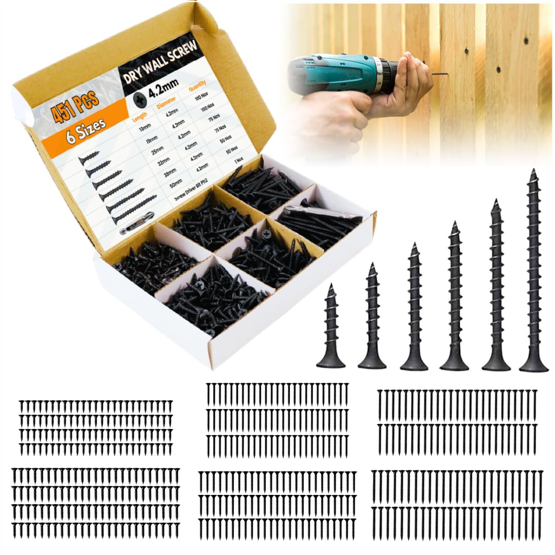 Homdum Assorted Black Dry Wall Screws 6 Sizes (13 mm to 50 mm) + Ph Bit 1 nos, (Pack of 451 Pieces)