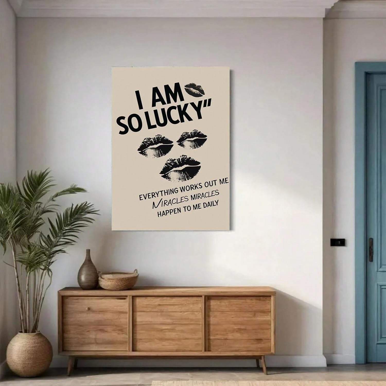 AIHNBF Positive Affirmation Wandbild I Am So Lucky Typografie Kunstdruck Inspirierende Zitate Leinwand Poster Ästhetische Lippen Grafik Moderne Wohndeko für Schlafzimmer Büro Studio 50x75cm