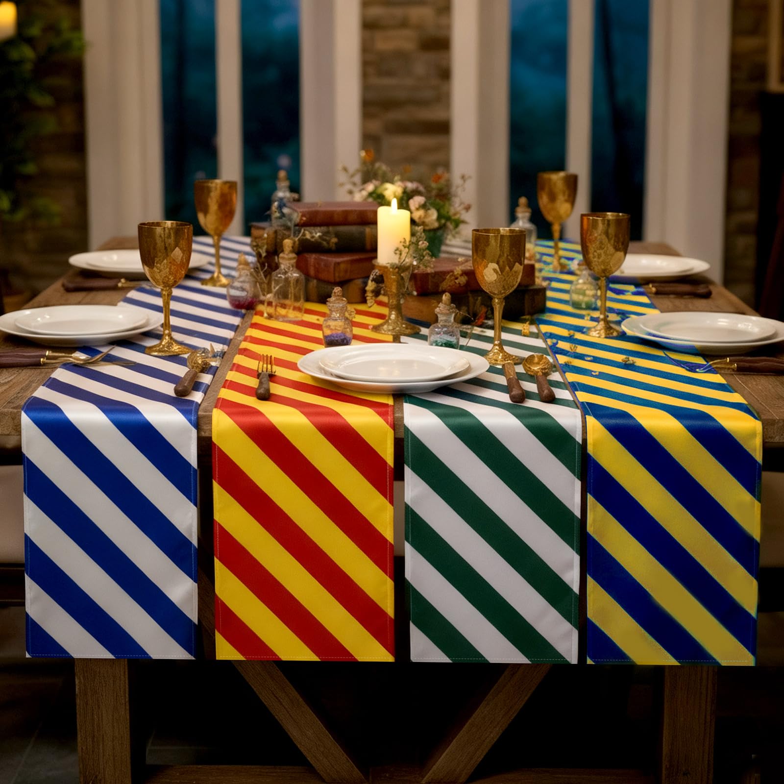 Photo 1 of Hahafelt 4 Pcs Wizard Table Runner Red Golden Green Blue Stripes Party Decoration Witch Birthday Dining Room Home Kitchen Island Decor Table Cover Runner Themed Party SuppliesLPNPMFX4483886
