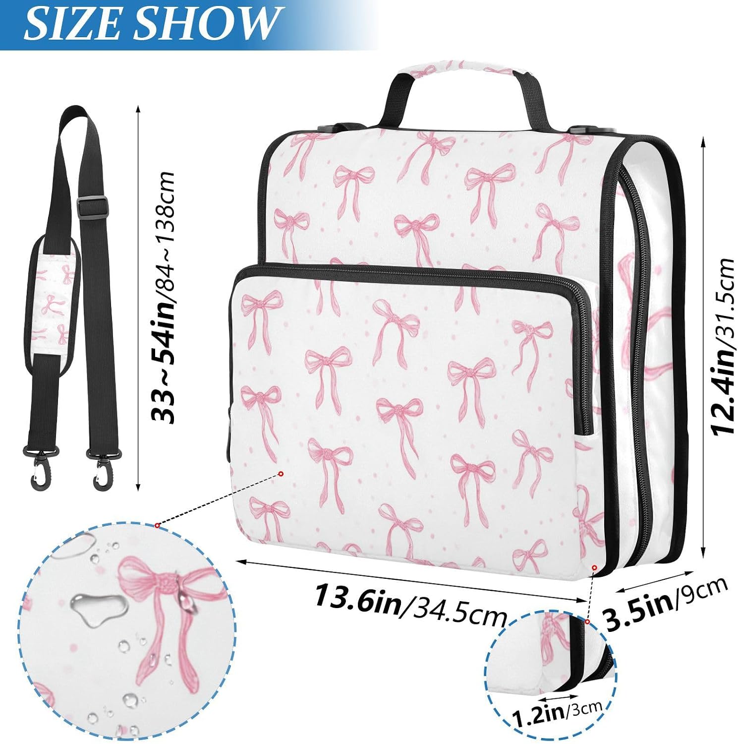 Aslsiy Zipper Binder Bag for Girls Boys Coquette Ribbon on White 1.5 inch 3-Ring Binder Organizer Lovely Bow with Shoulder Strap for School Office Supplies