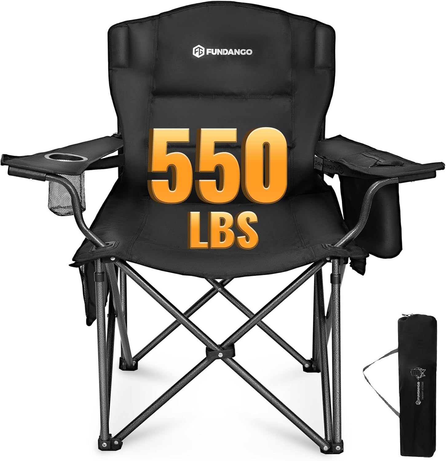 FUNDANGO Oversized Camping Chair for Adults, Heavy Duty Portable Foldable Lawn Chair with Padded Seat & Back, Lumbar Support, 4-can Cooler & Cup Holder, Carry Bag Included for Outdoor (Black) LumbarComfort Ultimate Wide 1 Pack Black
