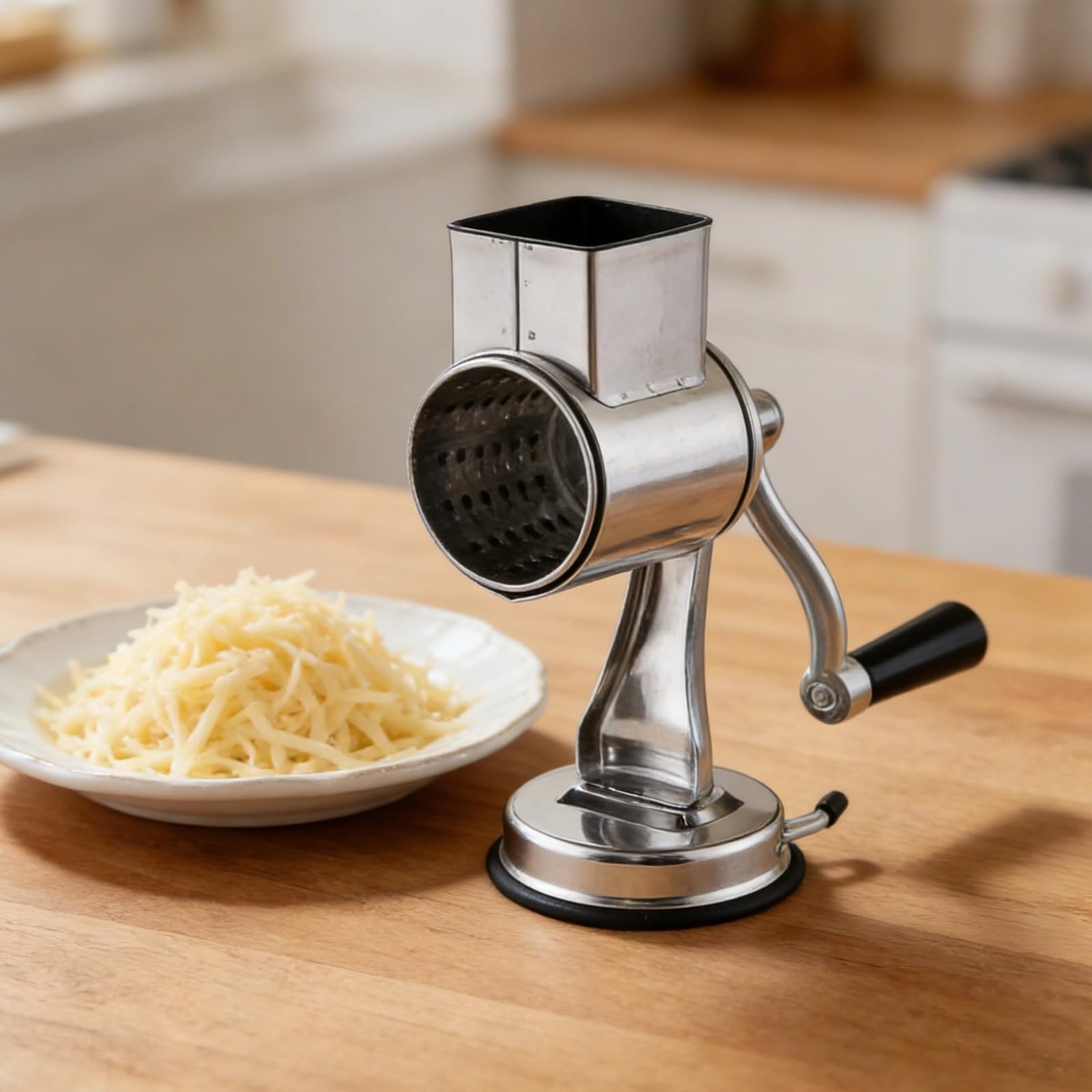 Rotationsreibe aus Edelstahl für Gemüse und Käse, Handkurbel Gemüseschneider mit 5 Klingen, Kartoffelschneider, Saugnapf Fuß, Erdnuss und Nussmühle für die Küche und den Alltag, silberfarben