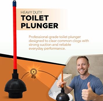 Heavy Duty Toilet Plunger for Bathroom - Commercial & Industrial Plunger with High-Grade Suction Cup - Drain, Sink & Toilet Clog Remover - Flange Plunger with Red Handle