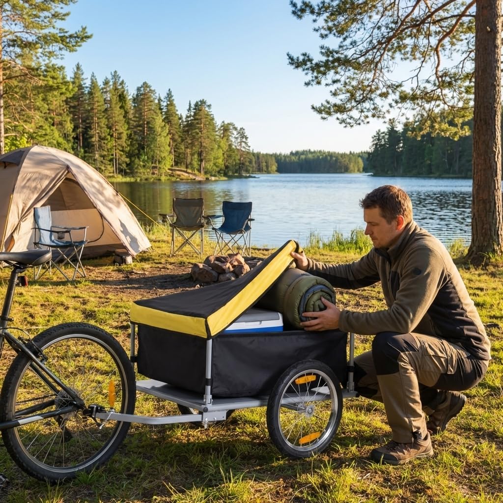 Outdoor Storage Trailer Bike Cargo Trailer Bike Trailer Cargo Bicycle Cargo Trailer, Two-Wheel Bike Luggage Wagon with Removable Cover, Heavy-Duty Steel Frame and Weather- Canopy