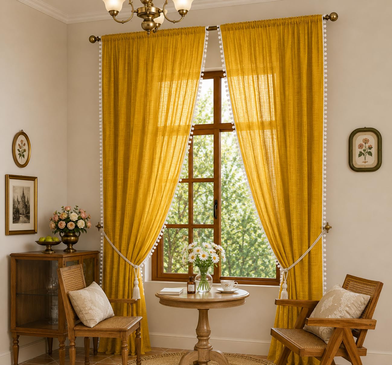 THE LINEN COMPANY Net Curtains Cotton Curtains with Pom Pom Lace Rod Pocket Sheer Curtains Light Filtering Curtains for Window Curtains Door Curtains Mustard 6.5 Ft Pack of 2