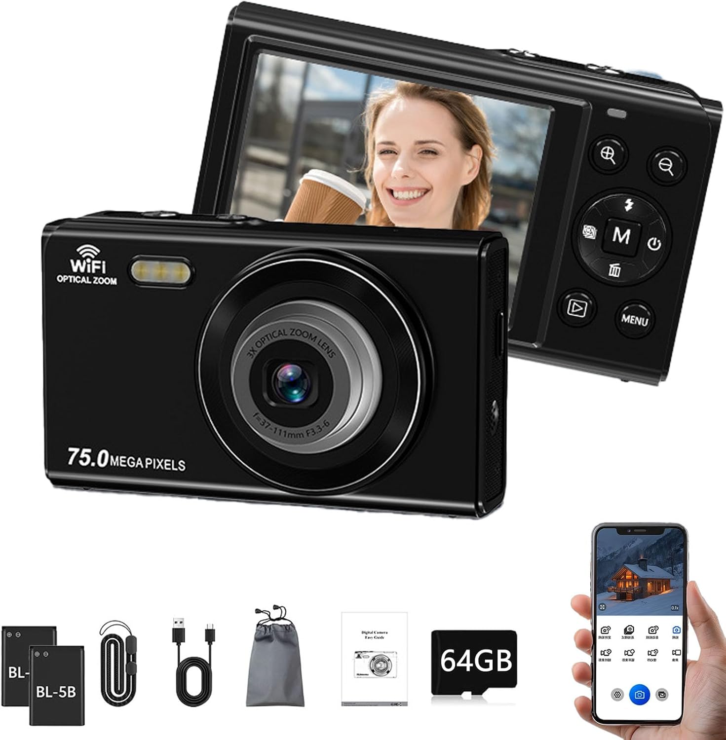 75MP Digital Camera, 64GB 4K Cameras for Photography with 3X Optical Zoom 2.8" LCD Screen Retractable Lens APP-Controlled WiFi Camera for Lifestyle Photography, Photography Enthusiasts (Black,B)