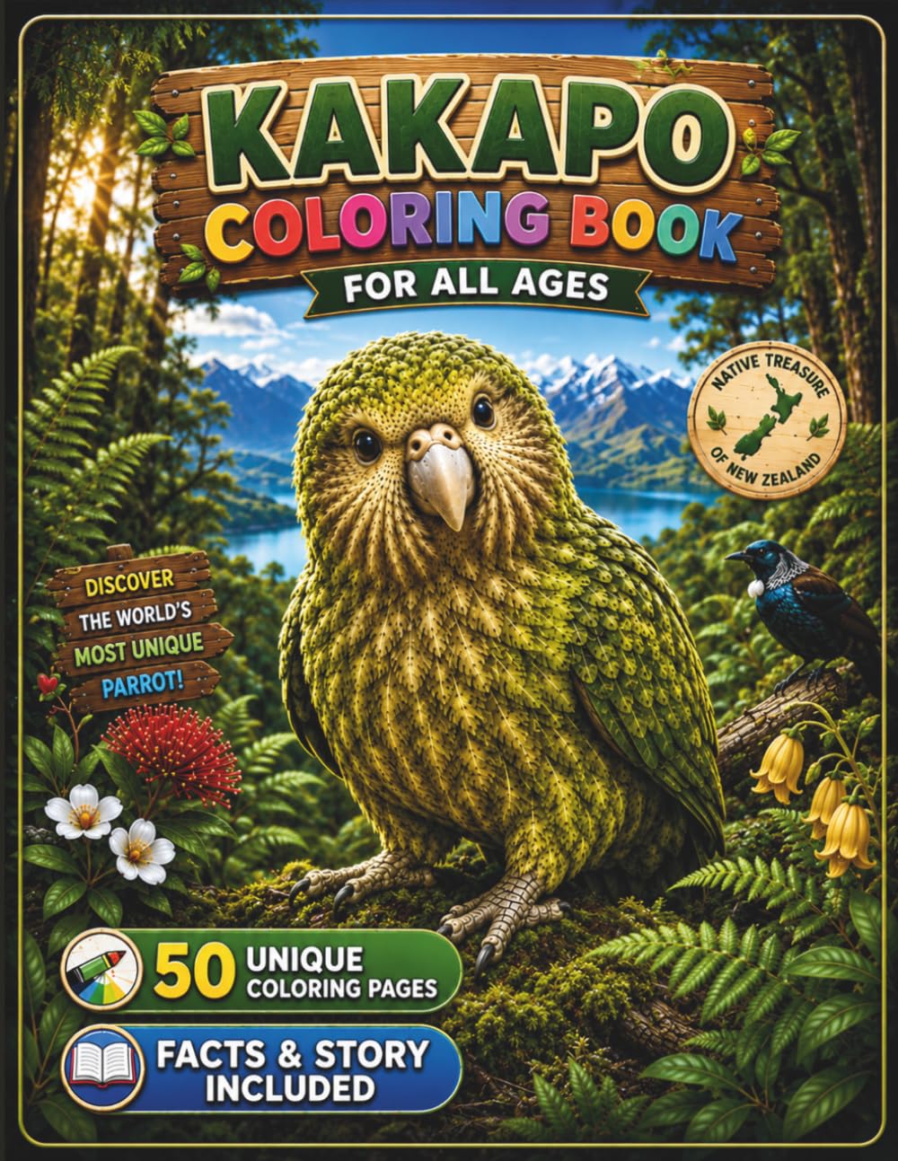 Kakapo Coloring Book for All Ages: 50 Beautiful and Unique Kakapo Designs Featuring New Zealand Forest Habitats, Wildlife Adventures, Nature Scenes, ... Coloring Pages for Kids, Teens, and Adults