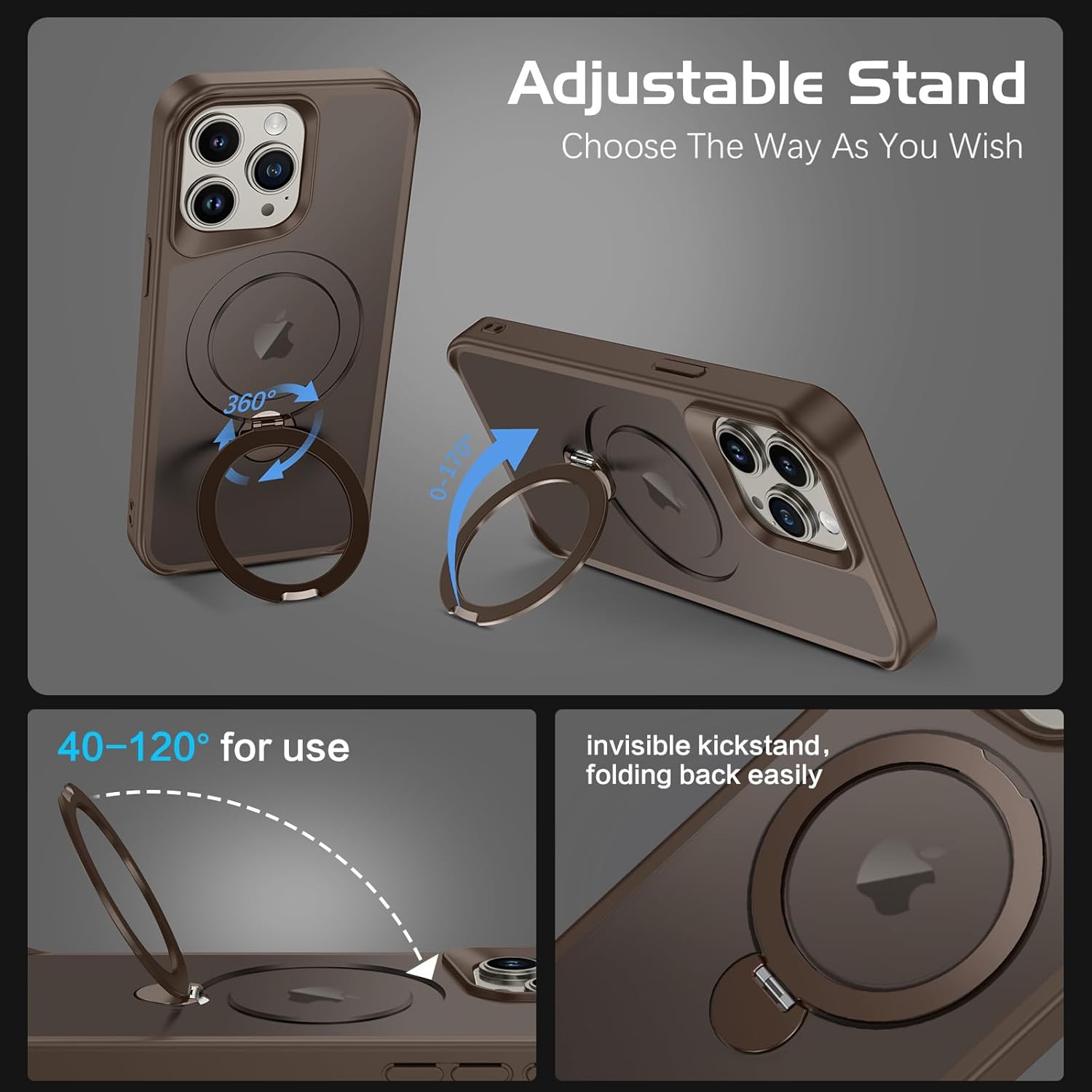 DOMAVER Magnetic Case for iPhone 15 Pro Max 6.7" with 360° Rotatable Stand [Compatible with Mag Safe], Translucent Matte Military Protection Shockpfoof Protective Cover for iPhone 15 Pro Max- Brown - Image 5