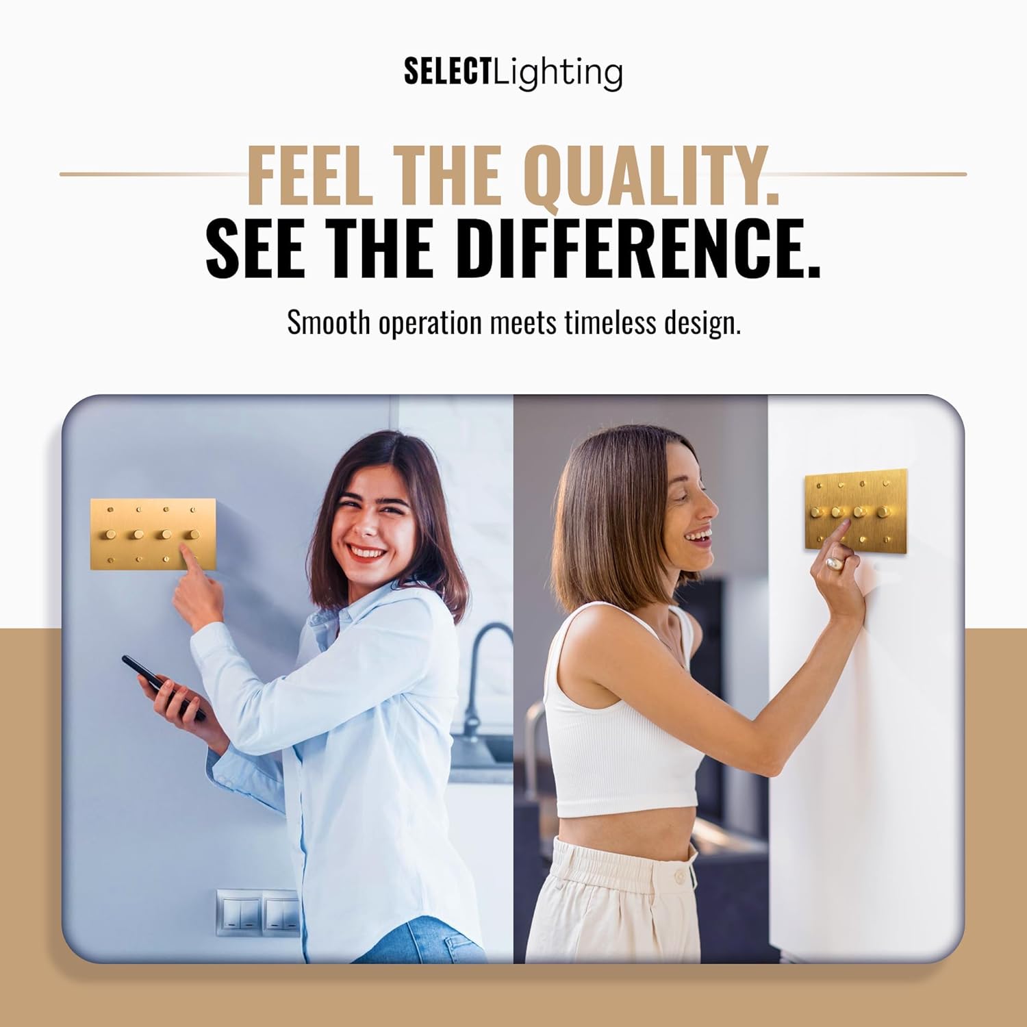 Select 4‑Gang Solid Brass Rotary Dimmer Switch, Satin Brass Finish, 120V 5A Wall Mount, TRIAC/Leading Edge 1/3‑Way LED Dimmer Module, UL Listed