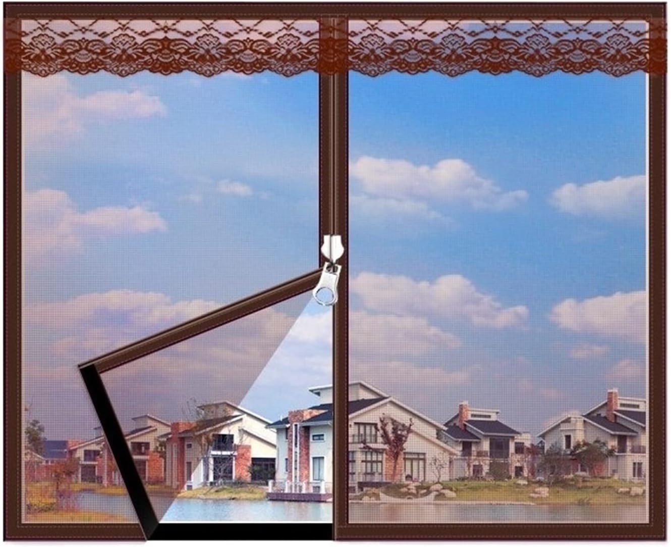Lace Window Screen with Zipper, Adjustable DIY Window Net Nylon Fine Mesh Screen for Window Door (Color : Brown, Size : 79"x79")