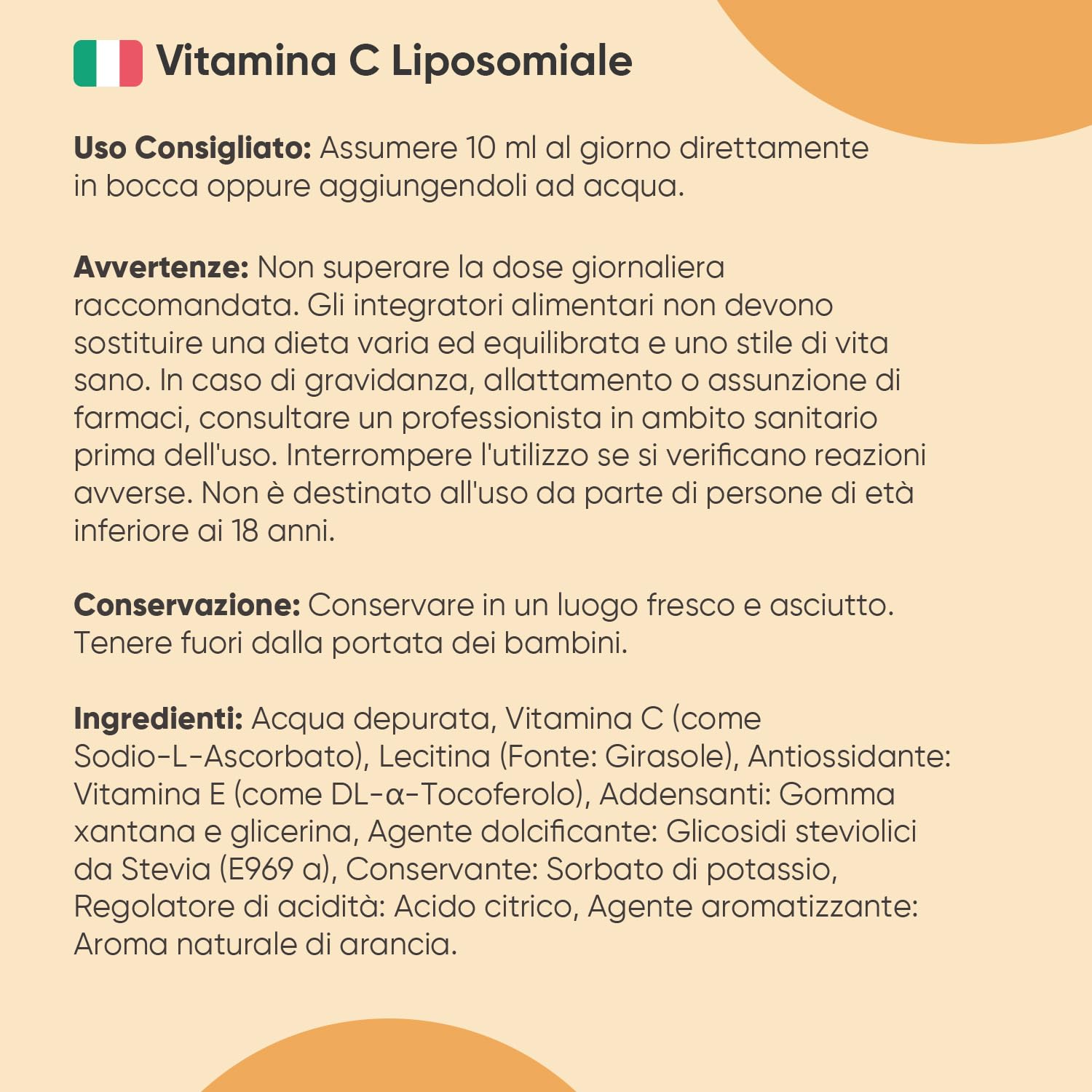 Vitamina C Liposomiale Vegan Liquida 250ml, Vitamina C 1000mg Alto Dosaggio, Stanchezza e Affaticamento, Aroma Naturale Arancia