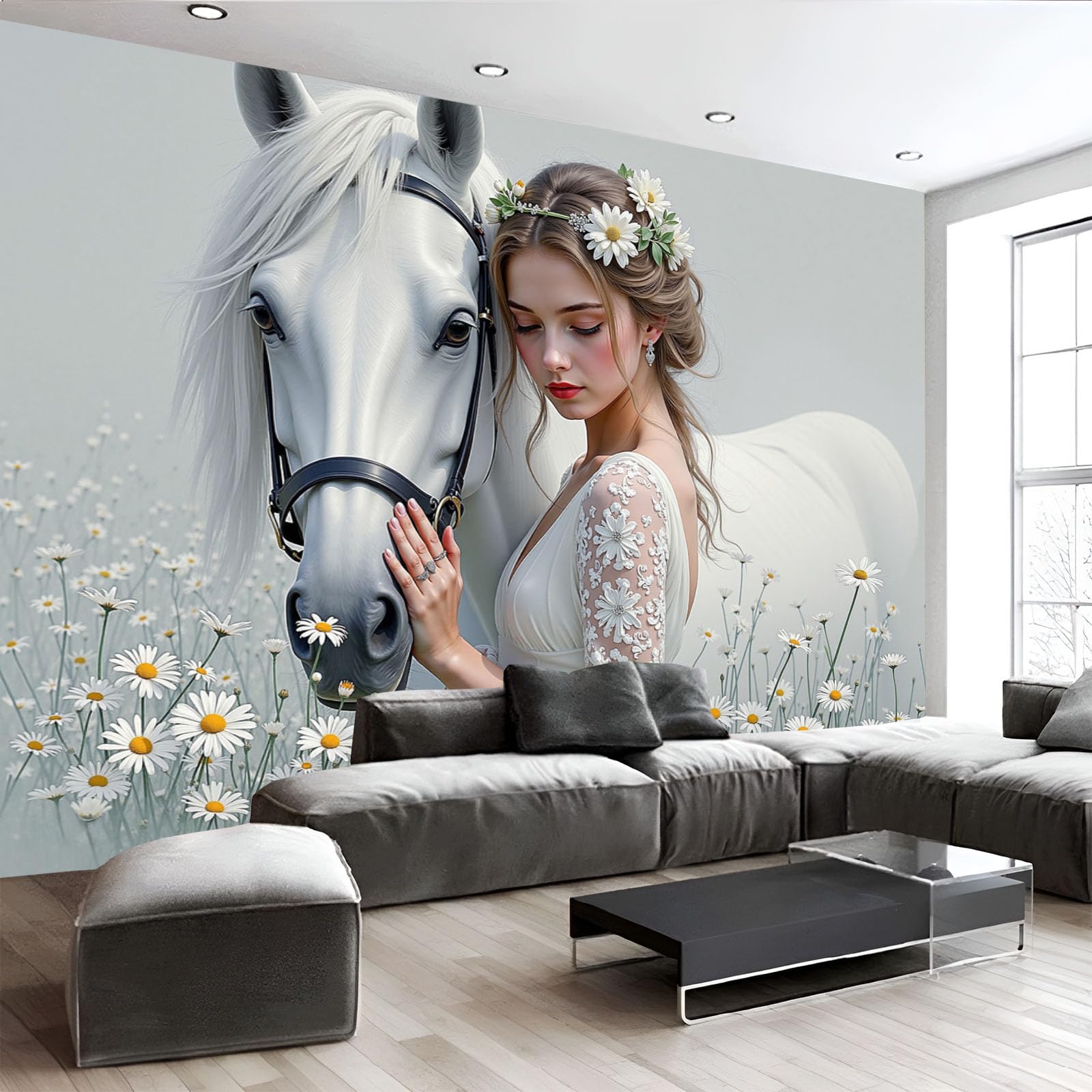 Papier Peint Panoramique Fille au Cheval Blanc et Marguerites