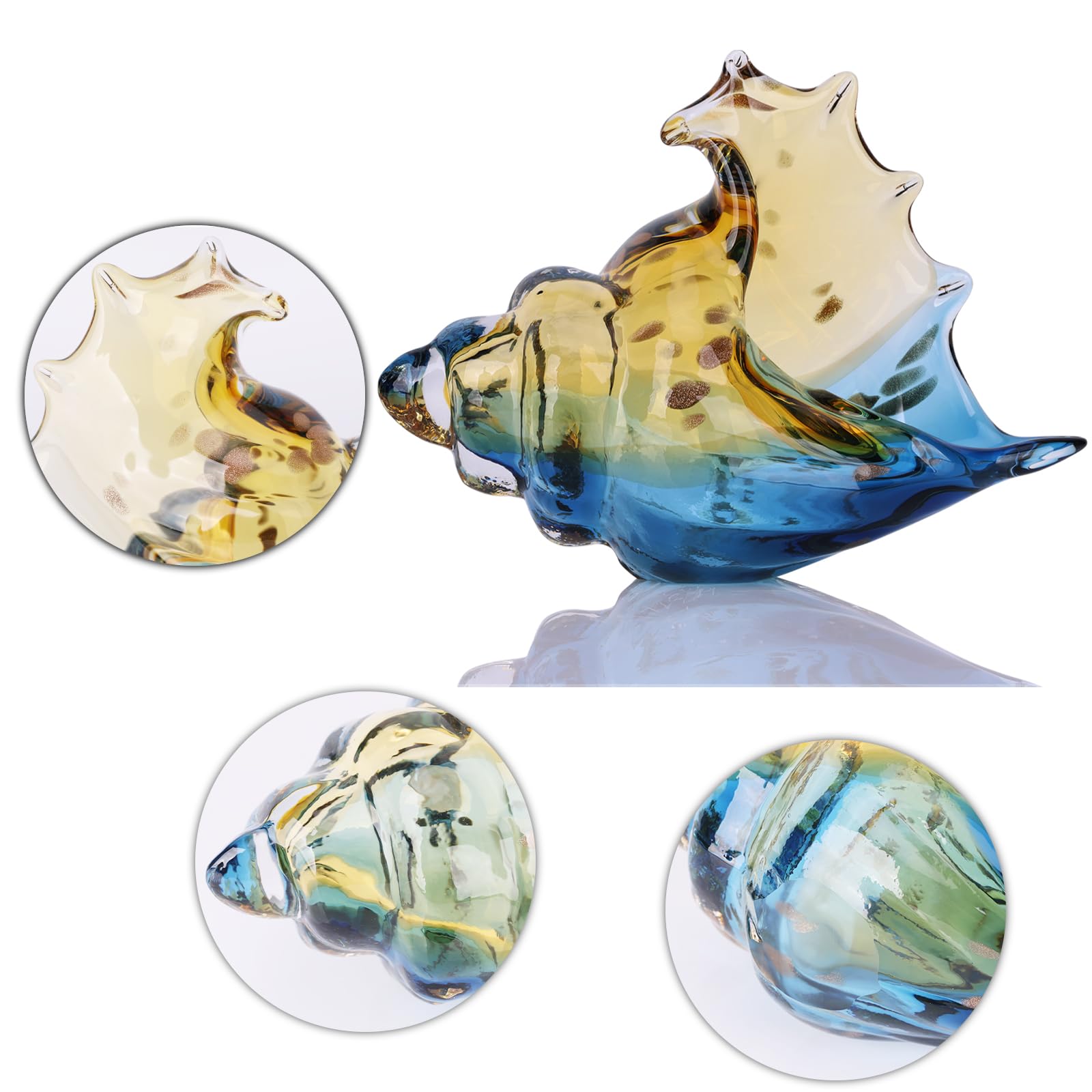 DOVDOV Statue di conchiglie in vetro soffiato a mano, statuette d'arte in vetro blu e ambrato, conchiglie per decorazioni per la casa costiera, supporto TV e libreria, ripiani del bagno e decorazione