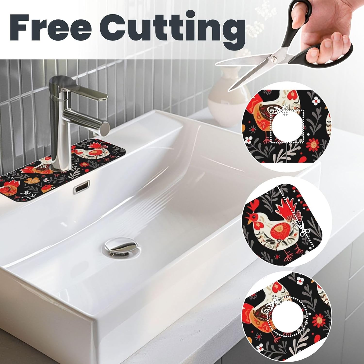 Cute Rooster Chickens Sink Splash Guard Faucet Mat 15" X 5.5,Super Absorbent Fast Drying Mat Sink Gadgets-Splash Guard Behind Faucet Drip Catcher For Kitchen Bathroom image 3
