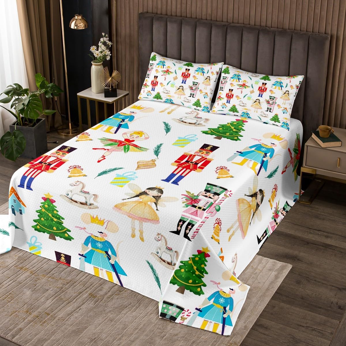 jejeloiu Pink Christmas Bedspread Twin Size Nutcracker Ballerina Coverlet Set Christmas Tree Quilted Coverlet for All Season with 1 Pillowcase Xmas Gift Microfiber Lightweight