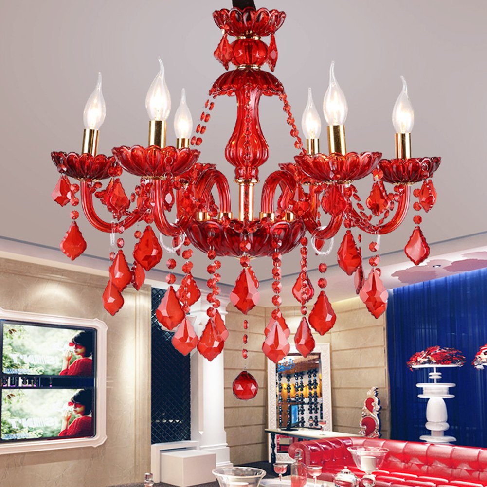 Aiwen Nozze Festa Lampada da Soffitto Lampadario a Candela Di Cristallo Rosso Vetro Plafoniera Camera da Letto Luce Pendente Soggiorno Lampada 6 Luci