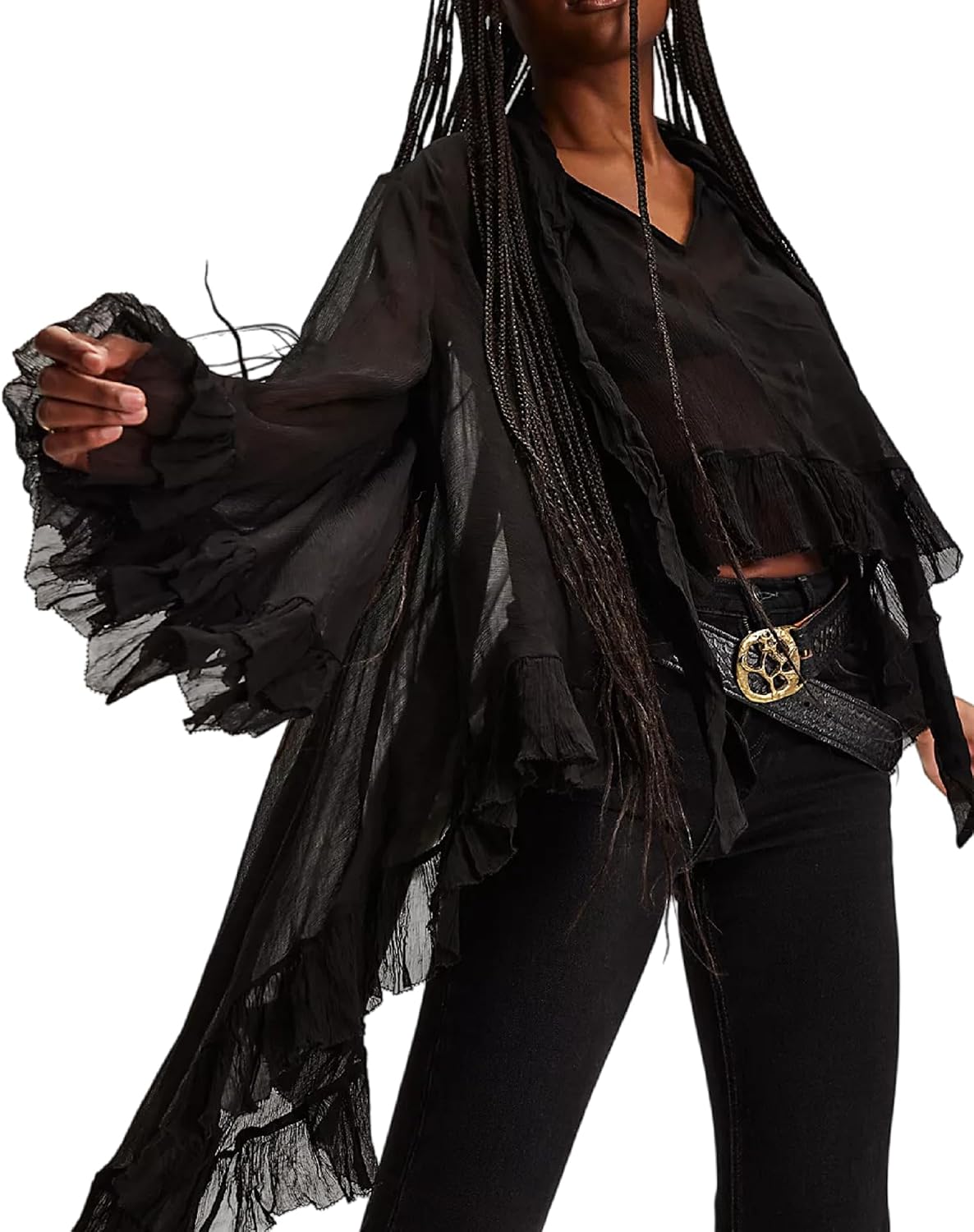 Women's Sheer Chiffon Long Sleeve Top Ruffle Blouse Flowy Lantern Sleeve Sexy See Through Tunic Frill Shirts