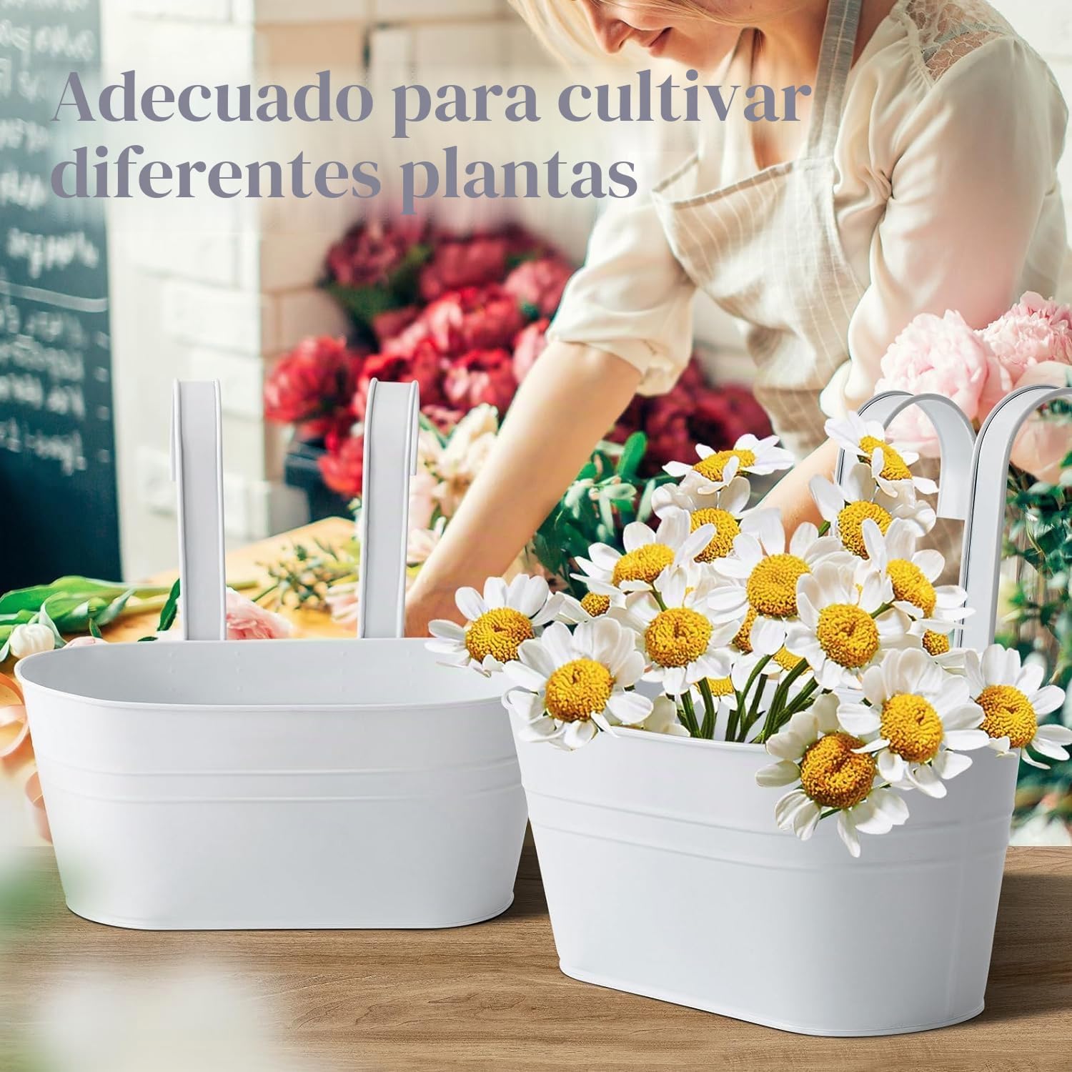 LATERN 4 Piezas Macetas Colgantes de Metal, 27,5CM Macetas Grandes Cubo Colgante para Flores con Gancho Desmontable para Balcón Valla Jardín Hogar Decoración (Blanco)