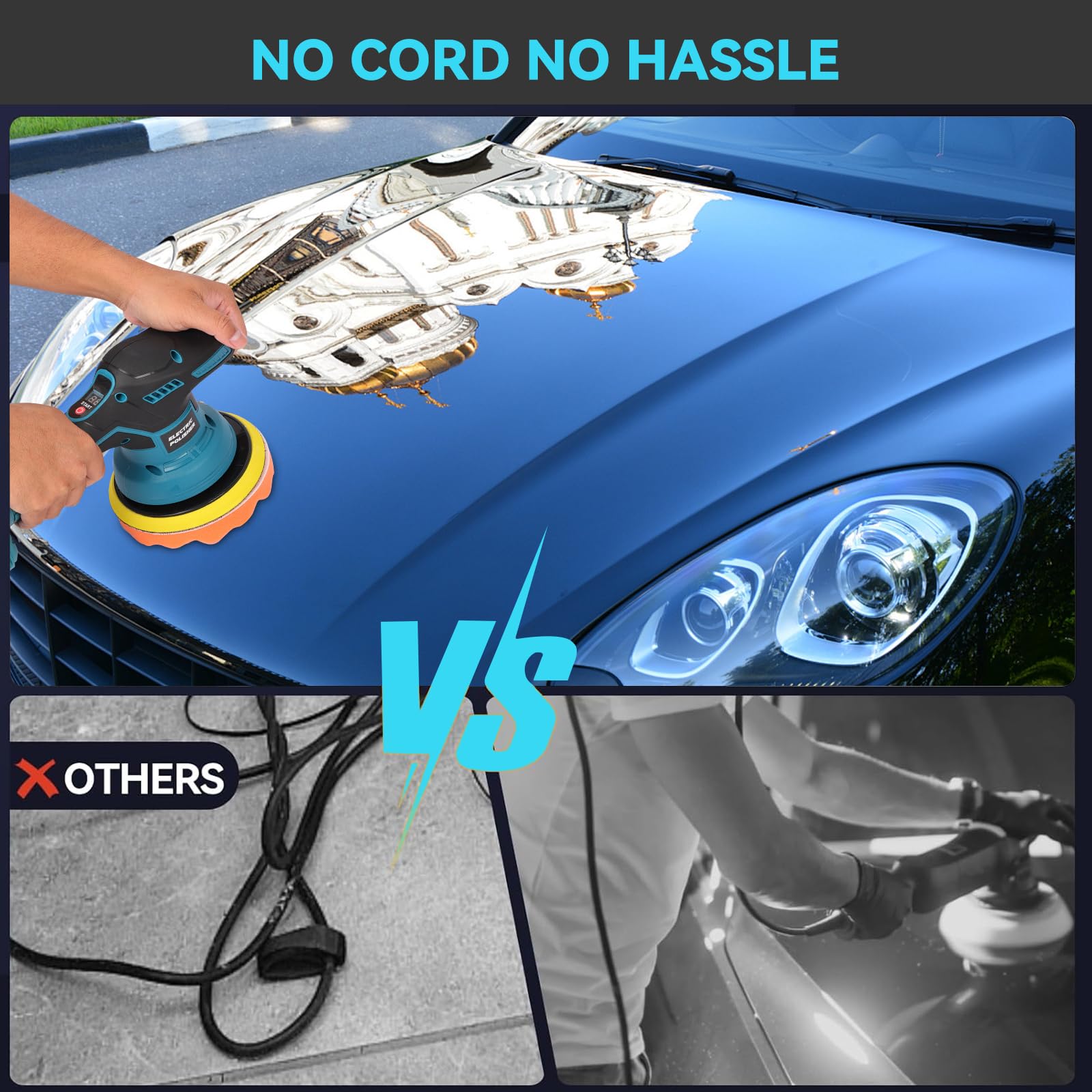Nexalite Polisseuse Voiture Sans Fil: Lustreuse Polisseuse Orbitale 2 Batteries 2000mAh, 6 Vitesses Réglables 2800-5500 RPM, pour Polissage Voiture, Lustrage et Rénovation Carrosserie