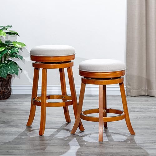 Miniatura 5 de DTY Indoor Living Creede - Taburetes de altura de barra de 30 pulgadas, giratorios sin espalda, acabado natural con asiento de tela beige