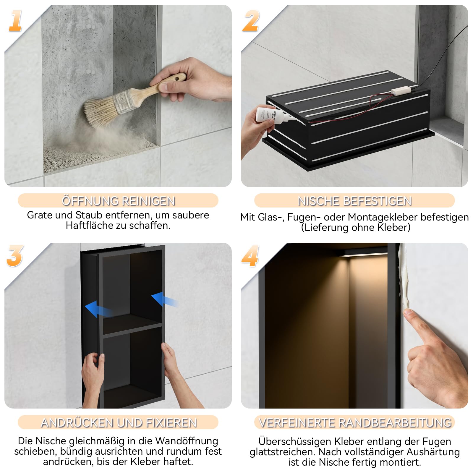 Doccia da parete, 60 x 30 cm, in acciaio inox 304, con illuminazione a LED e trasformatore, doppio strato, mensola singola per bagno e decorazione