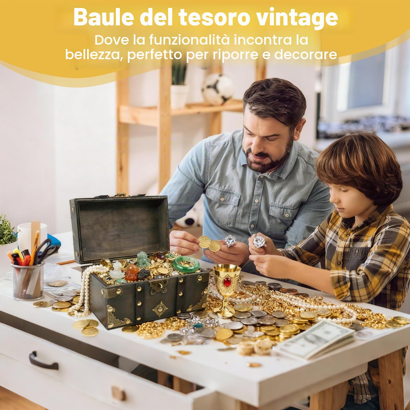 Scrigno del Tesoro Legno Vintage con Lucchetto a Combinazione 3 Cifre, 24x17x9.5cm Bauletto Pirati Legno Fatto Mano, Scatola Legno Massiccio per Conservare Gioielli, Monete, Piccoli Oggetti e Regali