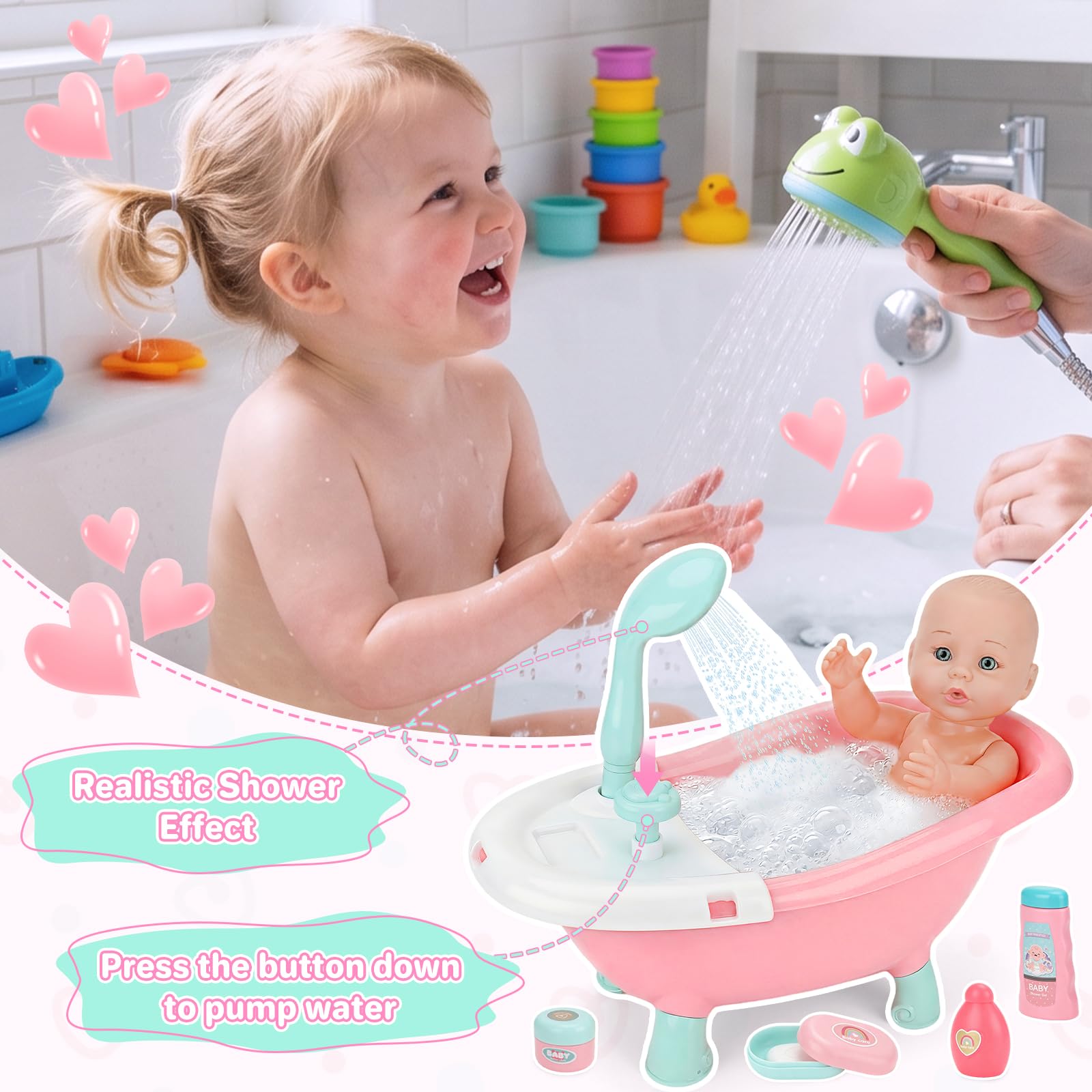 deAO Bambola con Vasca da Bagno, Vasca Doccia Funzionante | Set di Bagno Bambola, 30cm Bambolotto Bambina con Accessori Igiene e Vestiti, Regalo Compleanno Natale per Bambine 3+ Anni