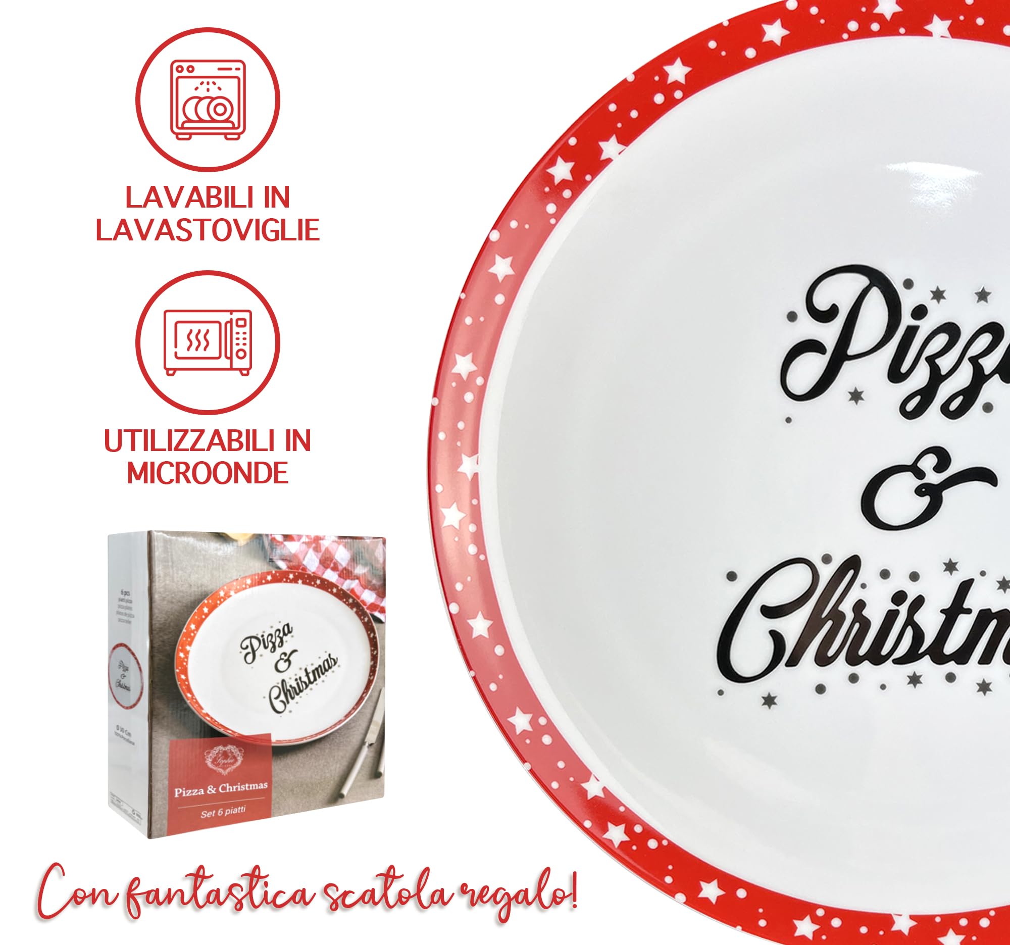 IlGruppone Set 6 Pezzi Piatti Pizza Natalizi Grandi Porcellana Bone China Ø 30 Cm Piani XL Tavola Natale Certificati Contatto Alimentare Sì Microonde Lavastoviglie Idea Regalo