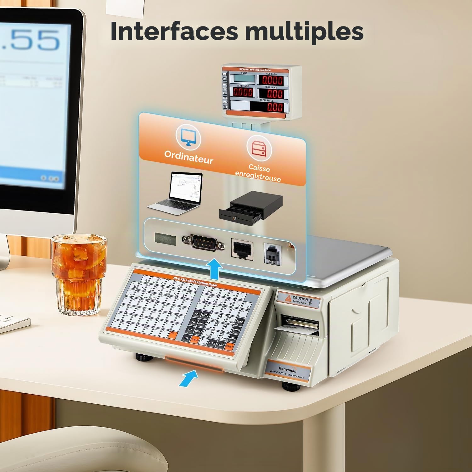 Bonvoisin Balance d'Impression d'Étiquettes 30kg/66lb avec Affichage Double - 71 Touches Mémoire, 4000 PLU, RS232/Ethernet, 2 Rouleaux Papier Inclus pour Magasin et Supermarché