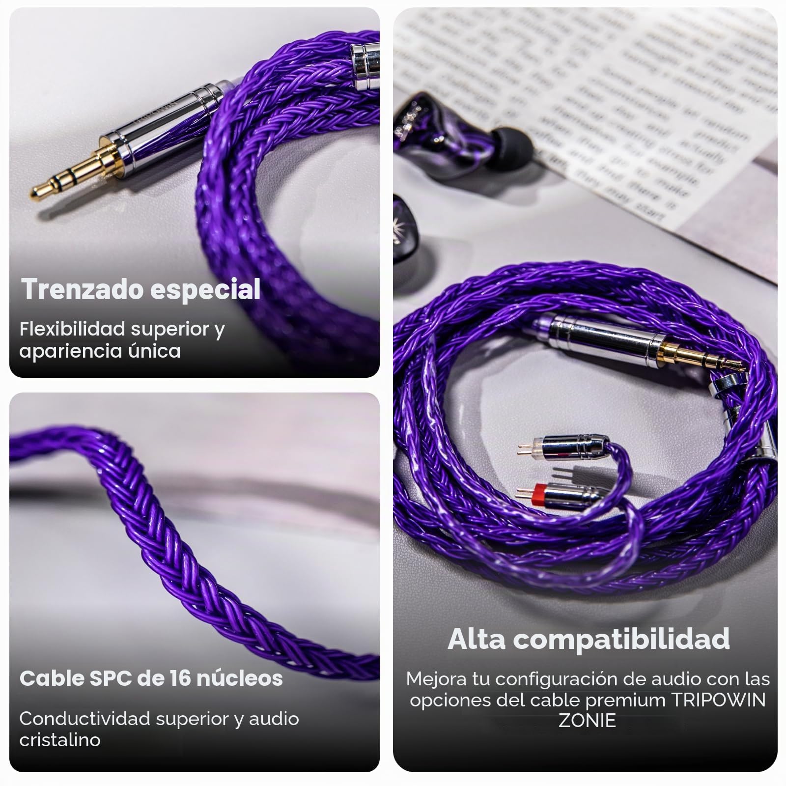 Linsoul Tripowin Zonie 16 Core Silver Plated Cable SPC Earphone Cable (2pin-0.78, 4.4mm, Violet)