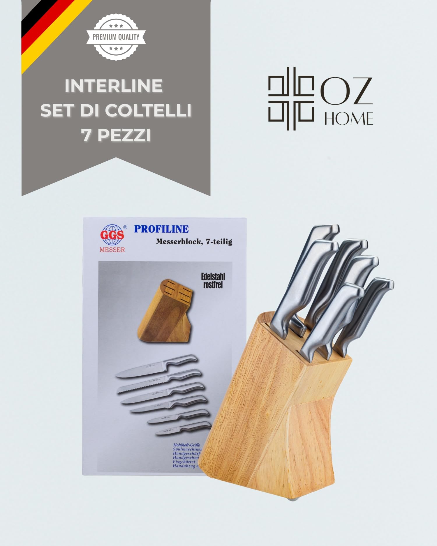 GGS Set Coltelli Cucina con Ceppo Portacoltelli 7 Pezzi – Acciaio Inox Monoblocco Senza Giunzioni, Temprati a Ghiaccio, Lavabili in Lavastoviglie, Impugnatura Ergonomica in Acciaio, Coltelli multiuso