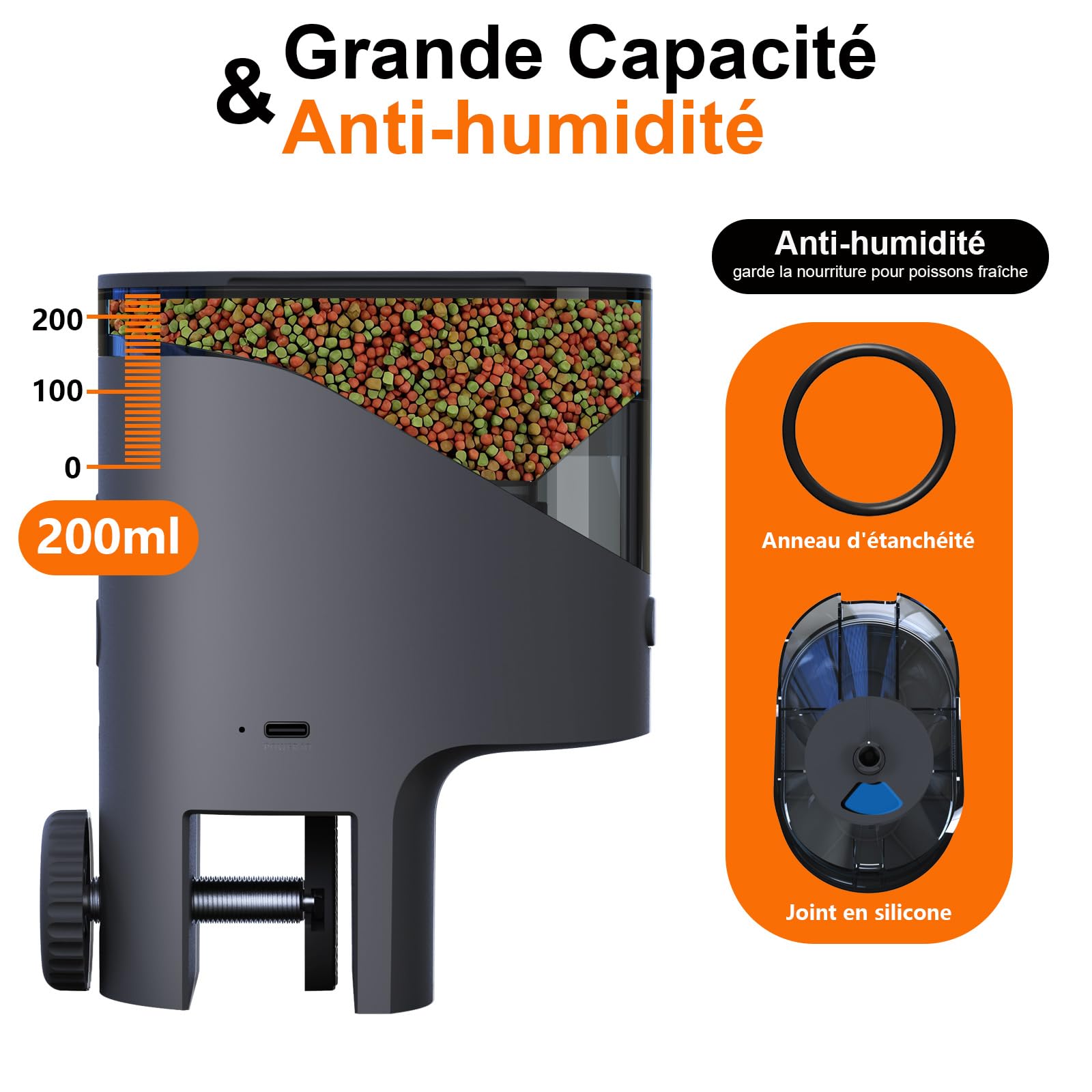 Distributeur Nourriture Poisson WiFi, Caméra 2.5K HD, App 2.4/5G, Dosage Précision 0,2g Anti-Blocage pour Vacances, Réservoir 200ML Anti-Humidité, Programmable pour Aquarium & Mer
