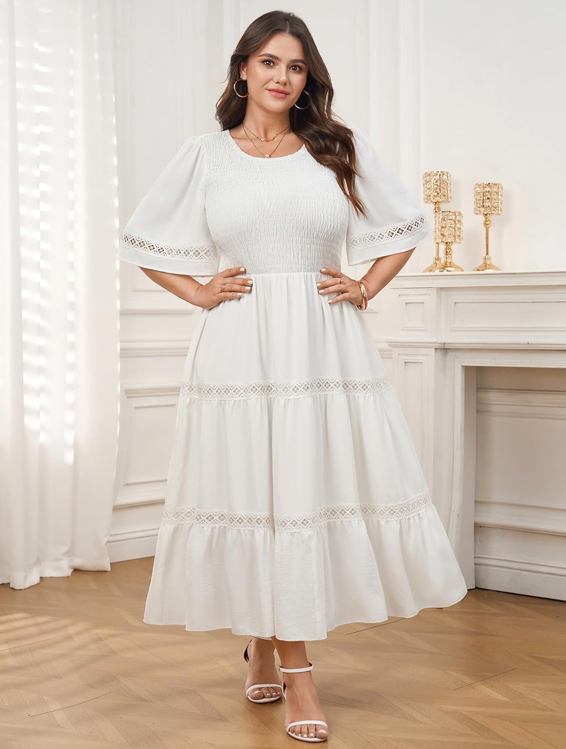 SCOMCHIC Women's Plus Size Maxi Dress Casual Crewneck Smocked Boho Elegant Hollow Out Summer Wedding Guest Dresses - Image 5