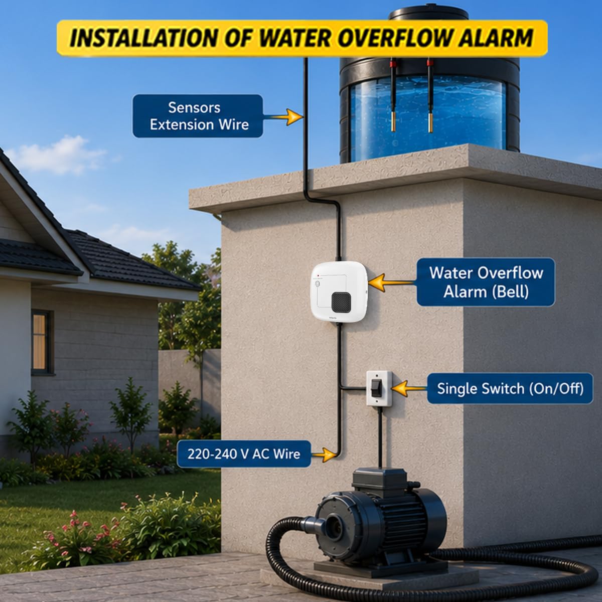 Goldmedal Liquid Water Alarm Bell | Water Tank Overflow Alarm Bell | Loud Human Voice | with Indiactor White (Pack of 1) 1