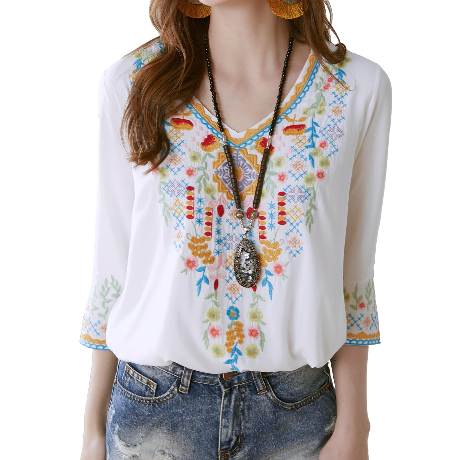 Ropa Hippie para Mujer Blusa Bordada de Folclore Bohemio Túnica de Manga 3/4 con Cuello en V Top Informal de Verano