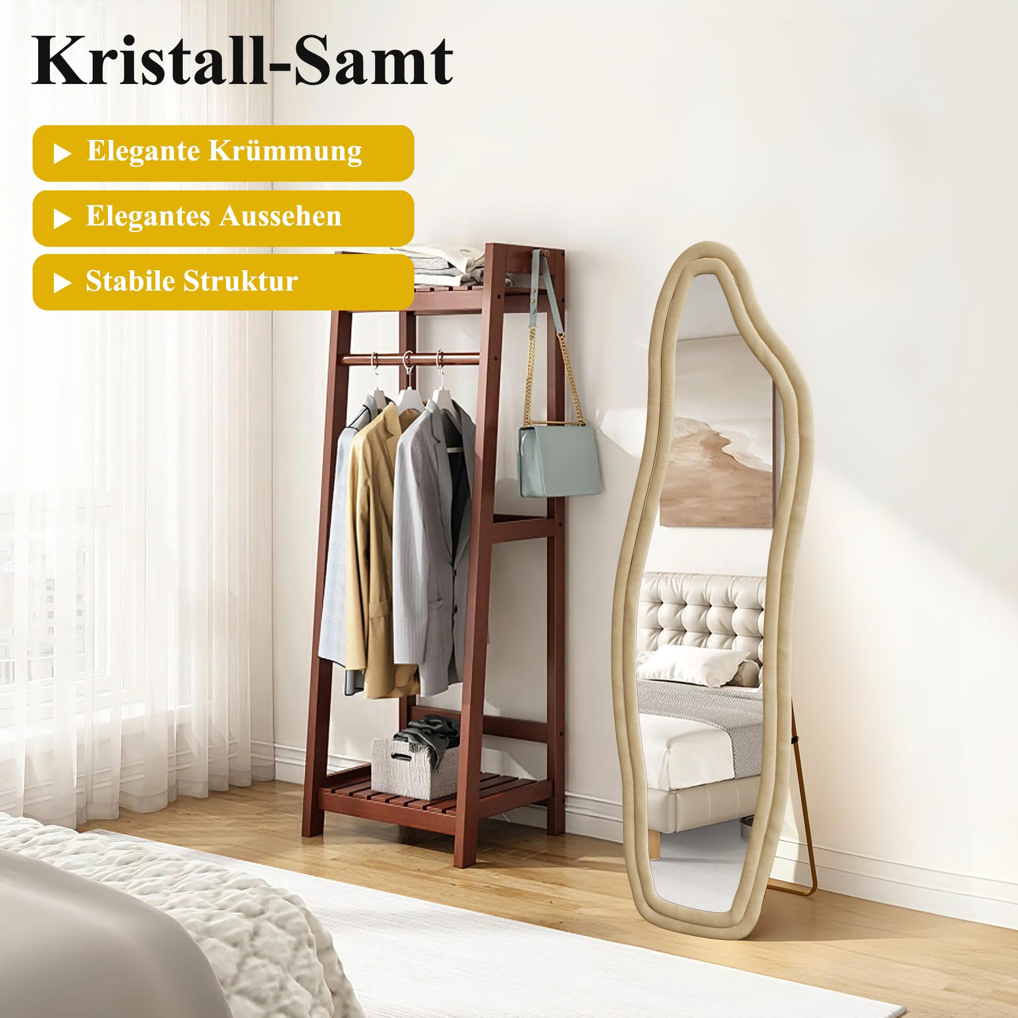 Ganzkörperspiegel, Asymmetrischer Gewölbter Bodenspiegel Groß, standspiegel aus Flanellumwickeltem Holzrahmen, Bodenspiegel, für Schlafzimmer, Wohnzimmer, Garderobe, Gold