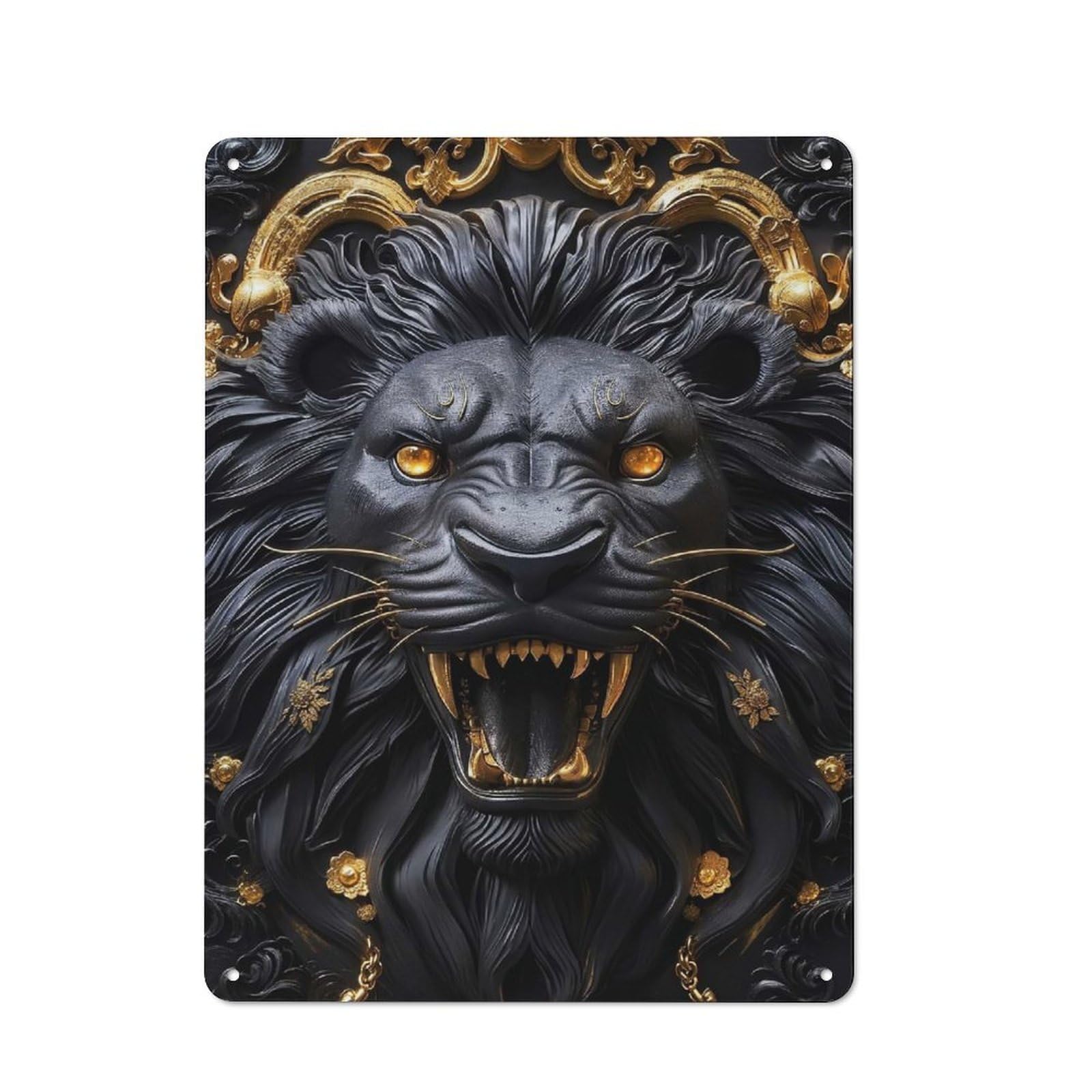 Junmoney Style-19 Black Golden Lion Roar Printed Metal Sign 40X30cm For Home Office Or Studio, A Housewarming Gift For Fans Of Vintage Interiors