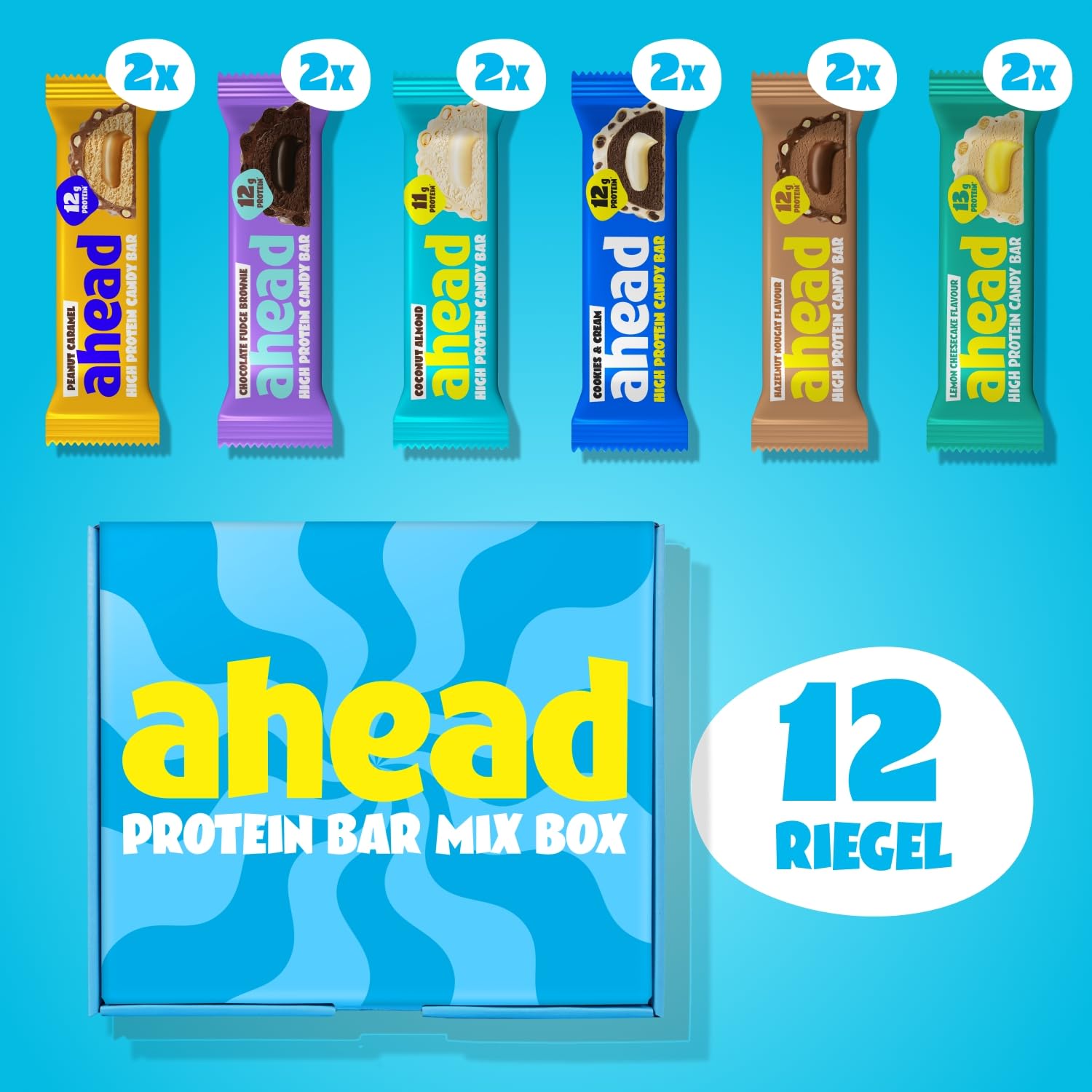 ahead Protein Riegel | Mix Box | 12 x 45g Extra softer Protein Riegel mit cremigem Kern | Low Carb Eiweißriegel ohne Zuckerzusatz & ohne Palmöl