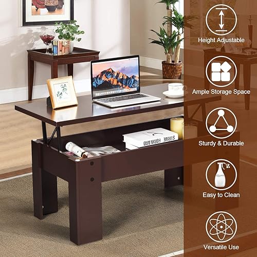 Miniatura 6 de POWERSTONE Mesa auxiliar moderna con tapa elevable, mesa central rectangular para sala de estar, apartamento, oficina en casa con compartimento