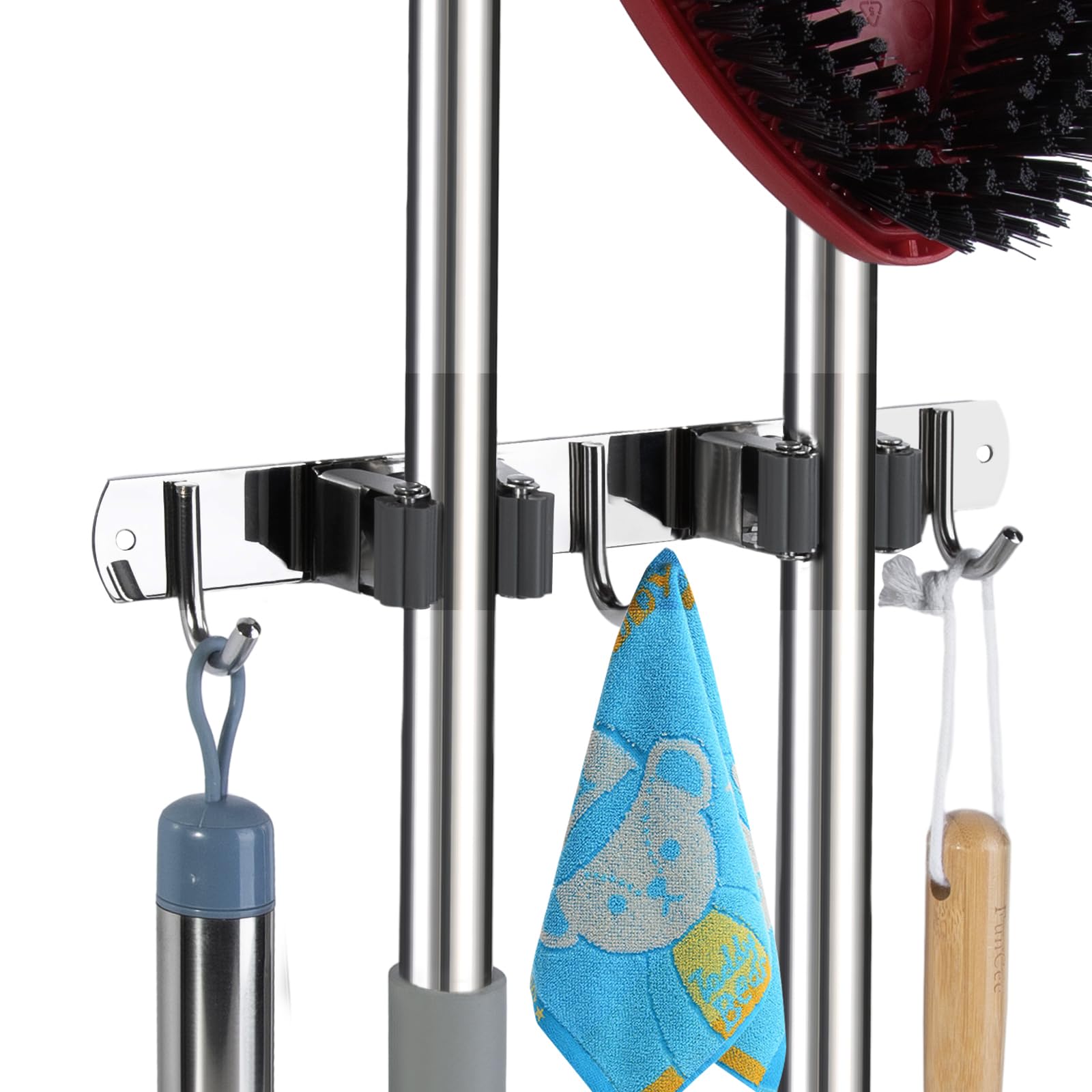 voze 2 estantes y 3 ganchos para fregona y escoba, soporte de pared, autoadhesivo resistente, organizador de escobas, estantes de almacenamiento para cocina, jardín, lavandería, garaje