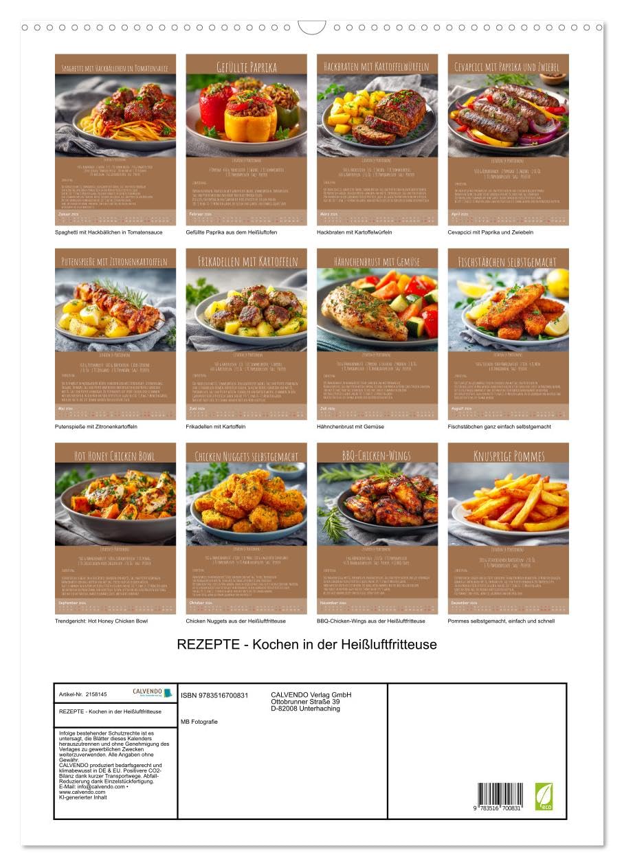 REZEPTE - Kochen in der Heißluftfritteuse (Wandkalender 2026 DIN A2 hoch), CALVENDO Monatskalender: Kalender mit Heißluftfritteuse-Rezepten: Schnell ... ein kleines Kochbuch. (CALVENDO Lifestyle)
